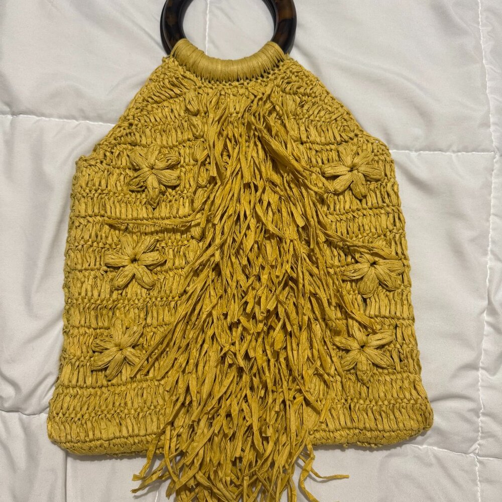 by anthropologie rattan woven bag plastic round strap yellow handbag